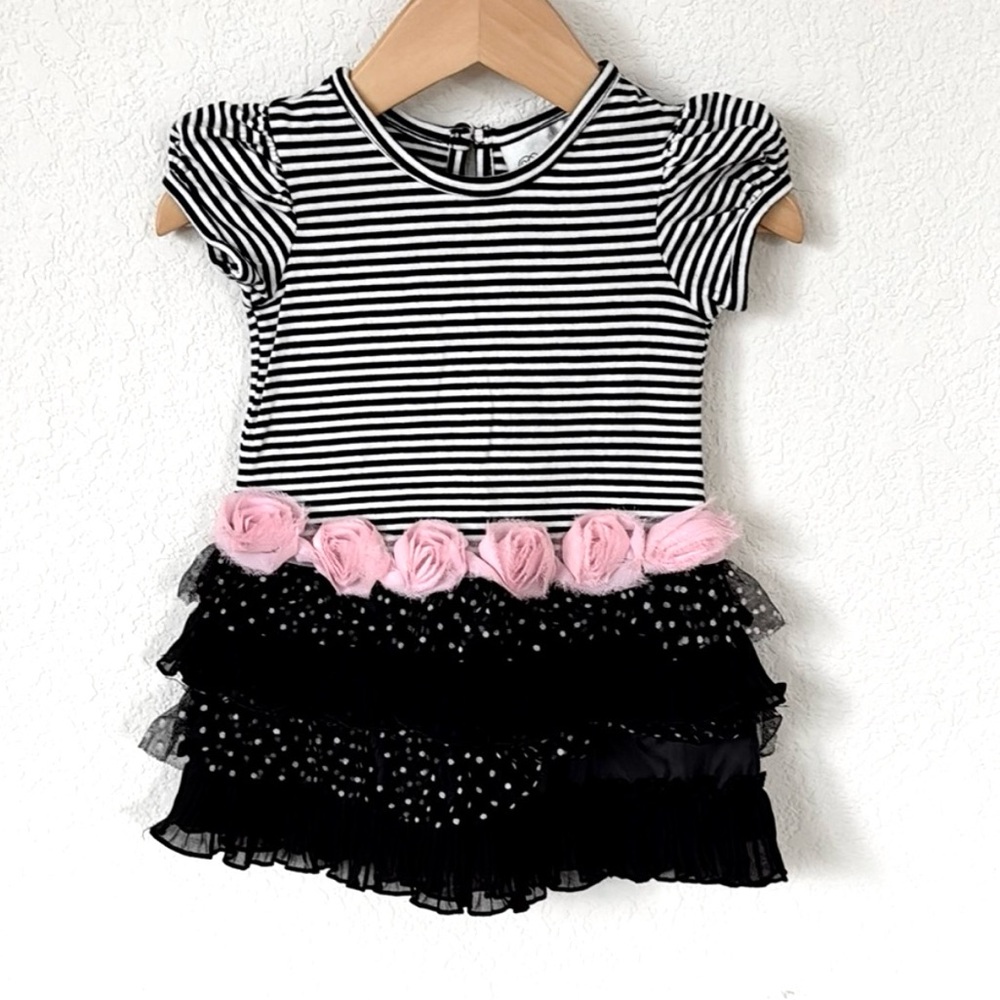 Rare Editions • Black and White Striped Dress with Rose Detail